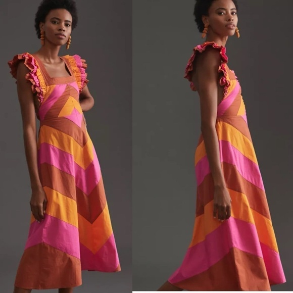 Anthropologie Love the Label Ruffled Colorblocked Midi Dress Size XS - Picture 13 of 14